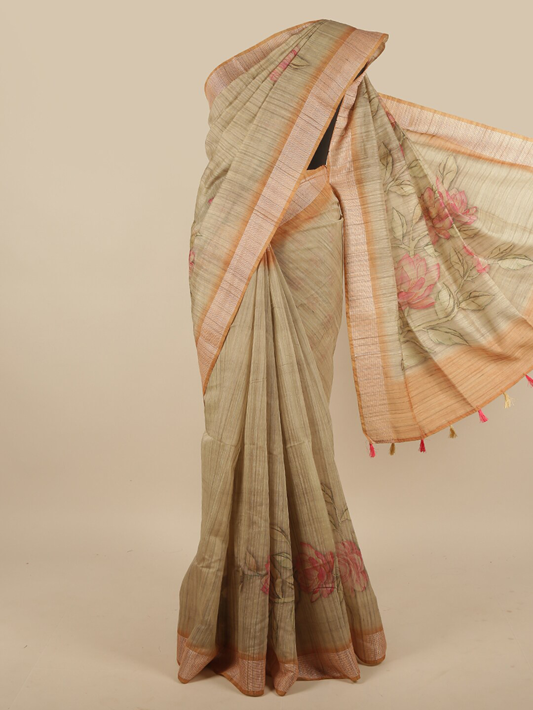

Pothys Cream-Coloured & Orange Floral Jute Silk Saree