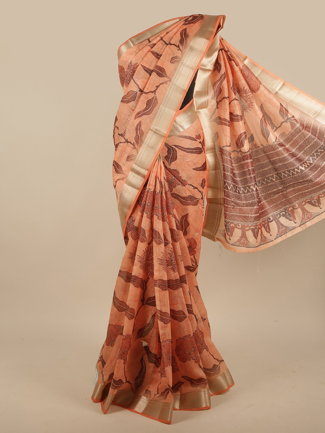 

Pothys Peach-Coloured & Gold-Toned Floral Jute Silk Saree