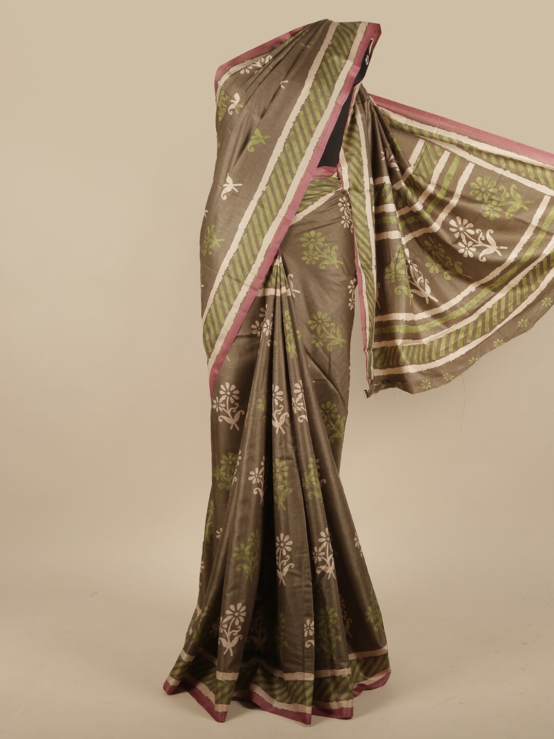 

Pothys Green & White Floral Jute Silk Saree