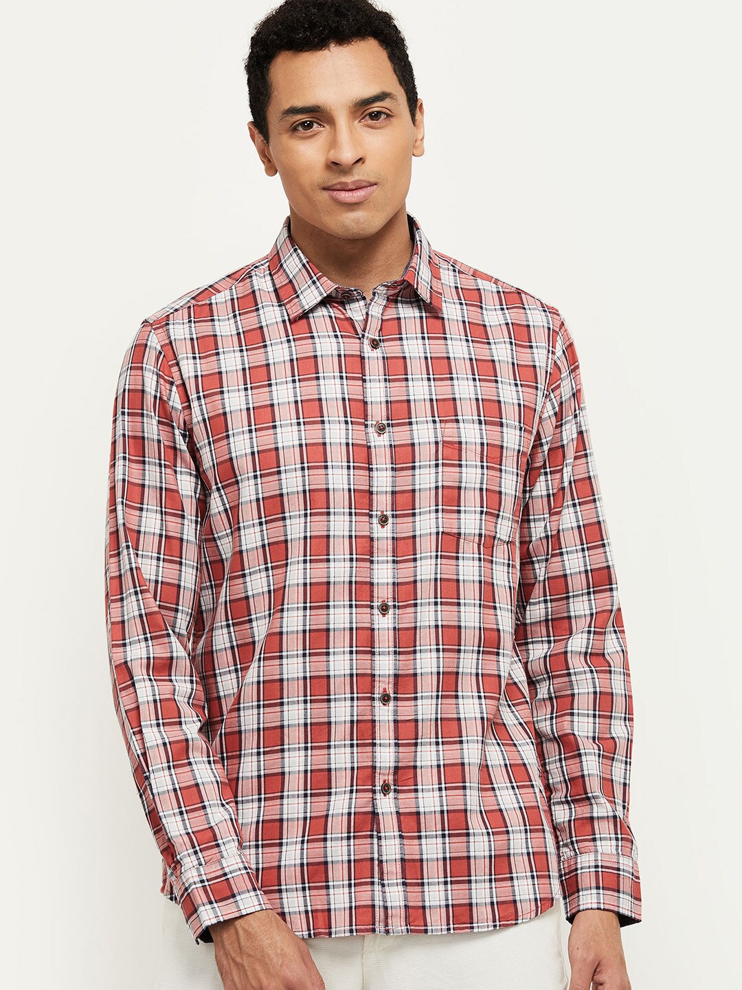 

max Men Rust Tartan Checked Regular Fit Cotton Casual Shirt