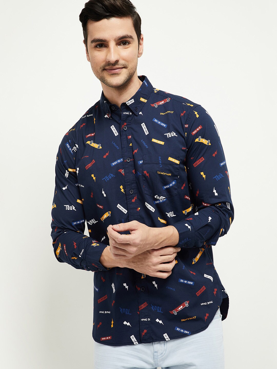 

max Men Navy Blue Regular Fit Printed Casual Shirt