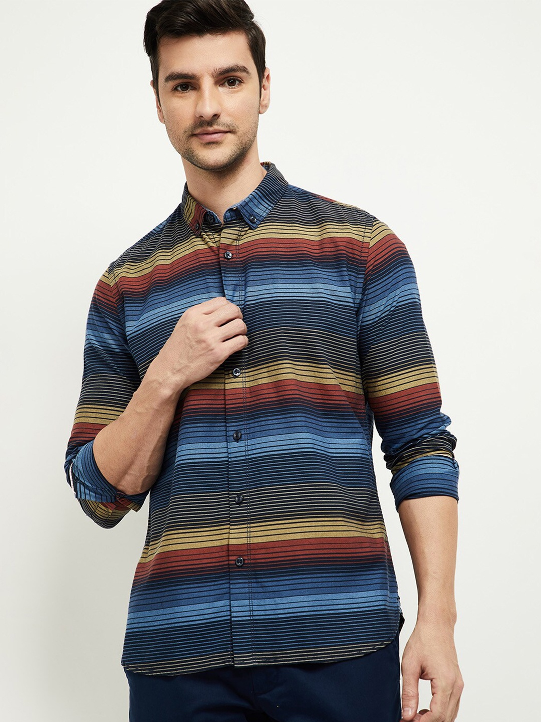 

max Men Navy Blue Horizontal Stripes Regular Fit Cotton Casual Shirt