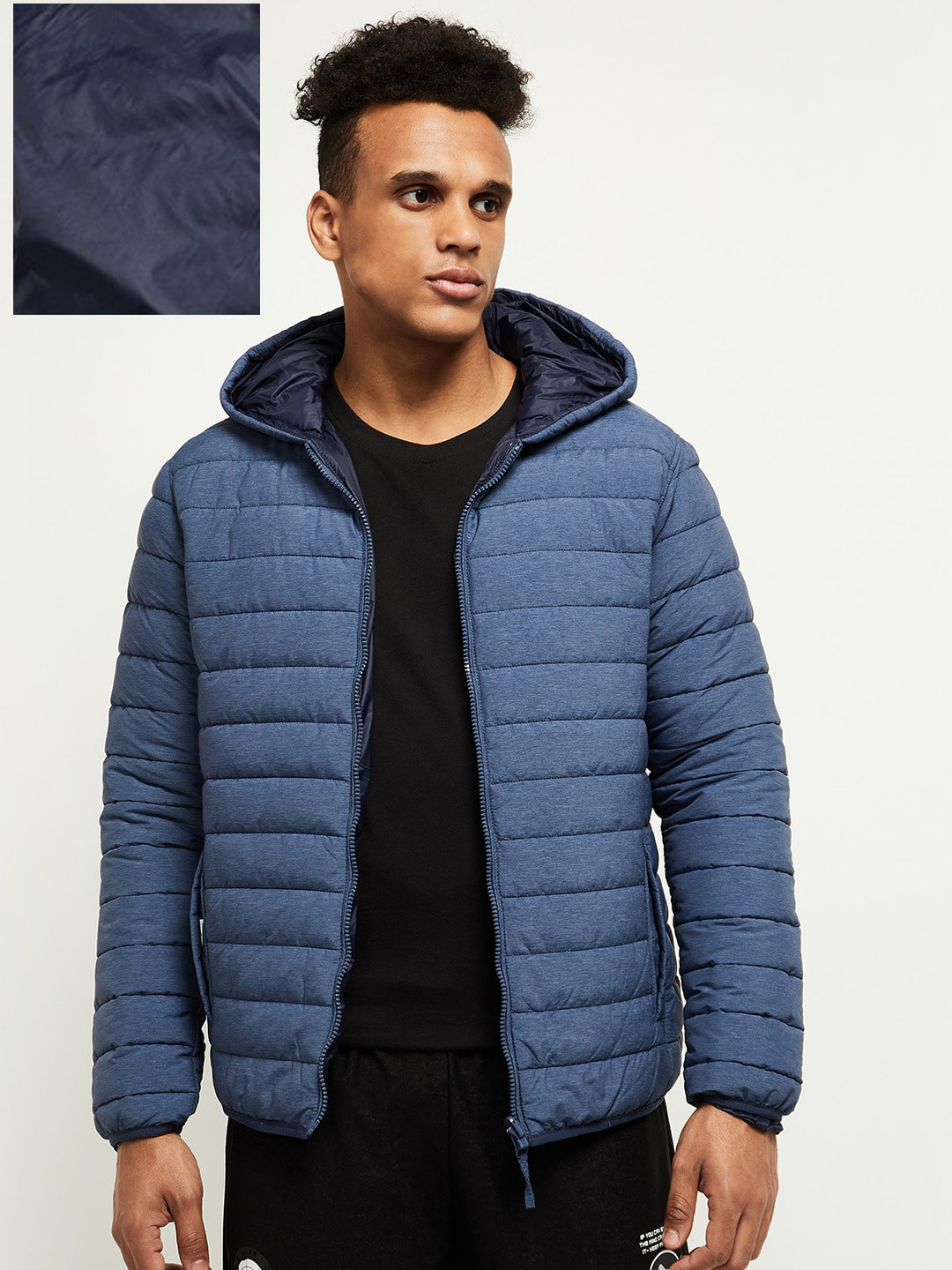 

max Men Blue Solid Hooded Puffer Jacket