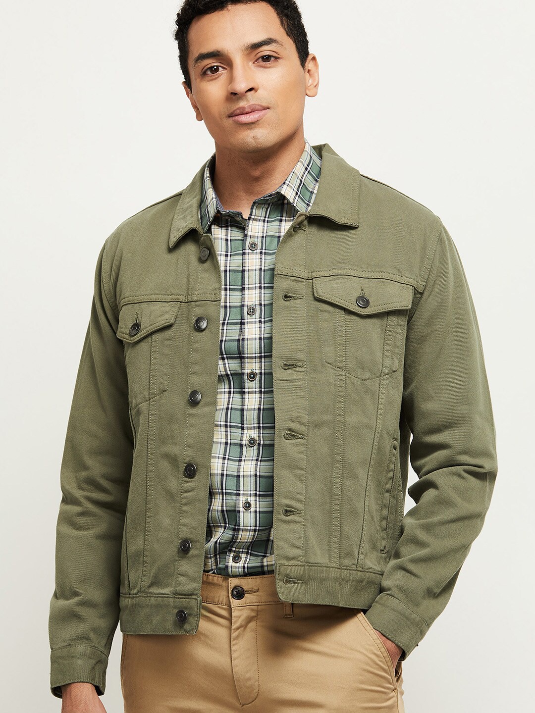 

max Men Olive Green Pure Cotton Denim Jacket