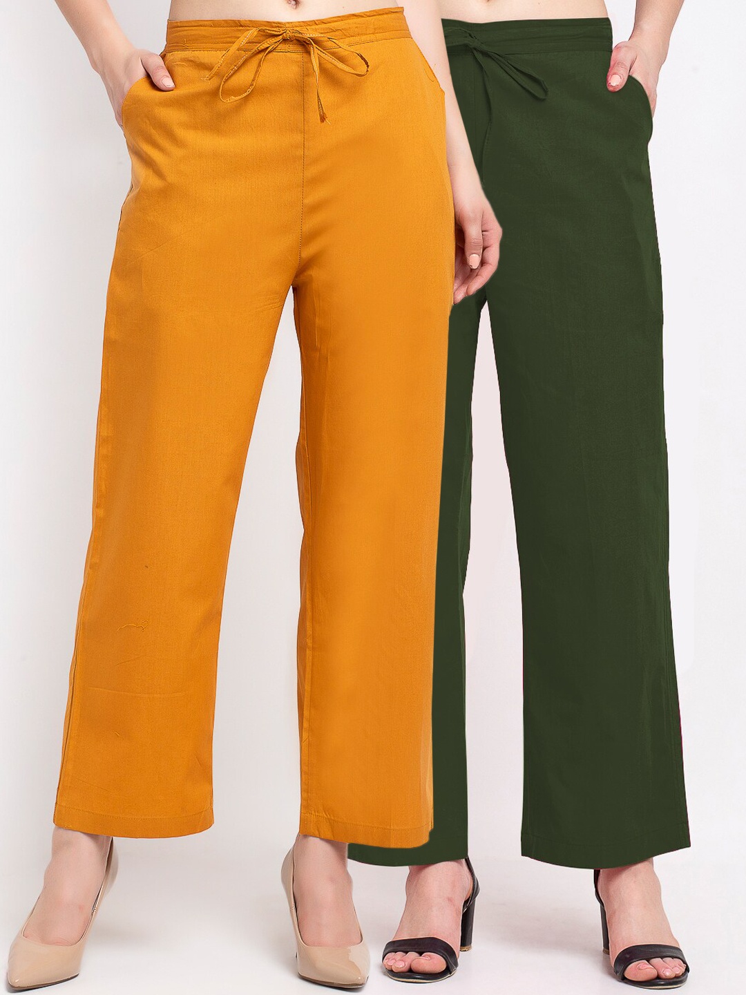 

GRACIT Women Pack of 2 Loose Fit Cotton Trousers, Yellow