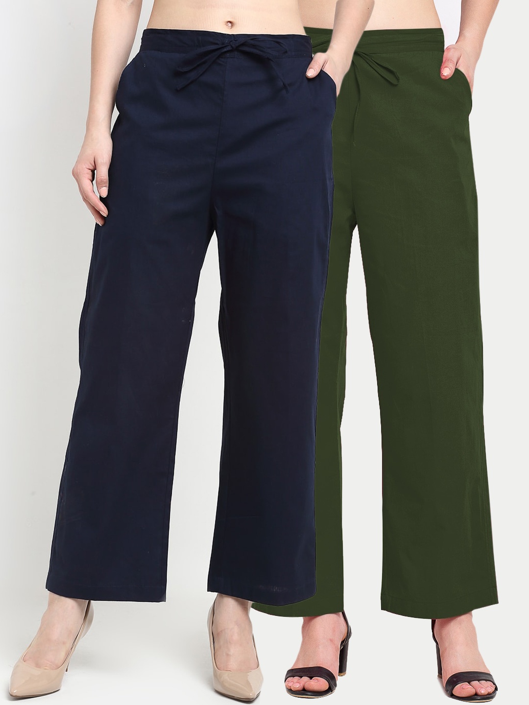 

GRACIT Women Pack of 2 Loose Fit Cotton Trousers, Navy blue