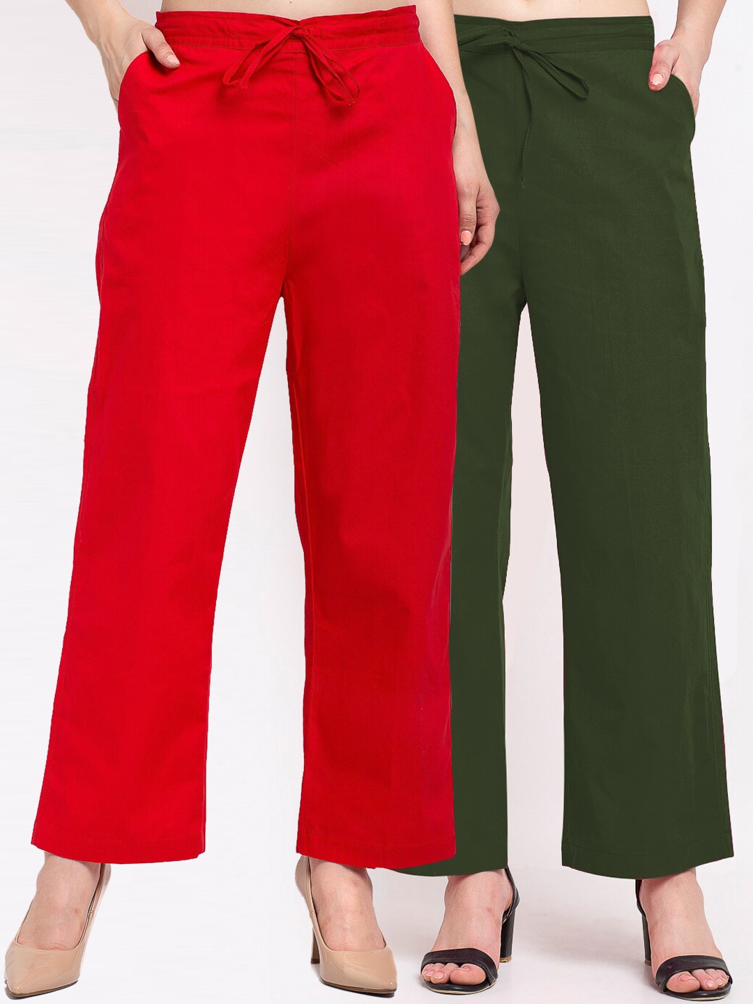 

GRACIT Women Pack of 2 Loose Fit Cotton Trousers, Red