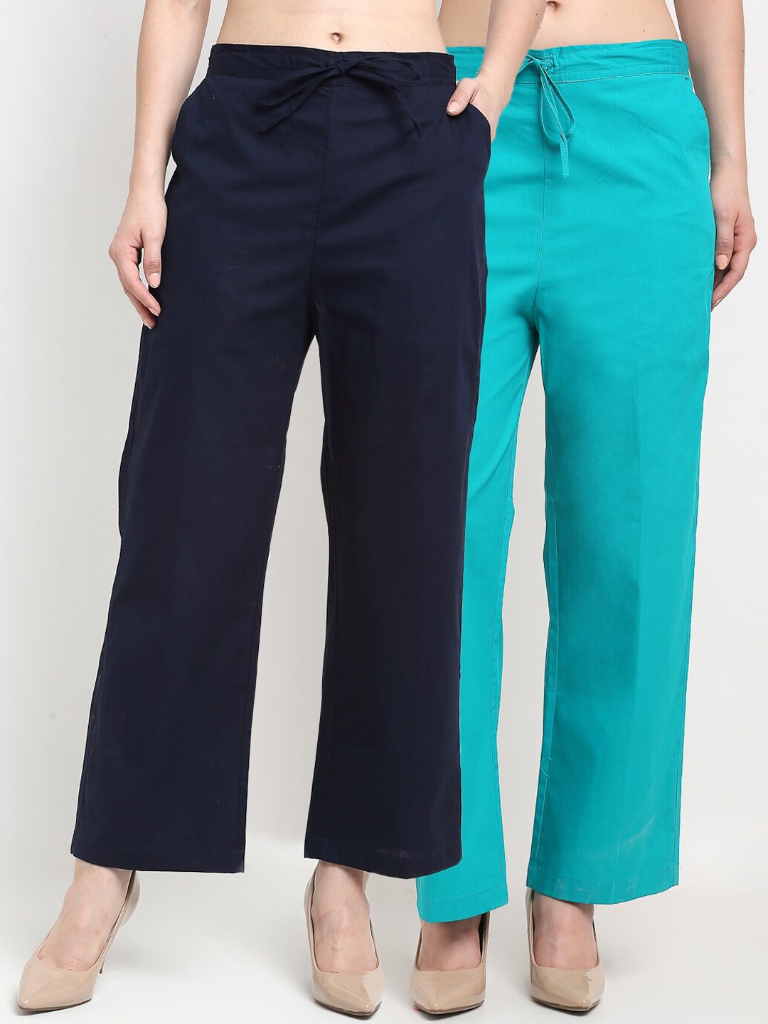 

GRACIT Women Pack of 2 Loose Fit Cotton Trousers, Navy blue