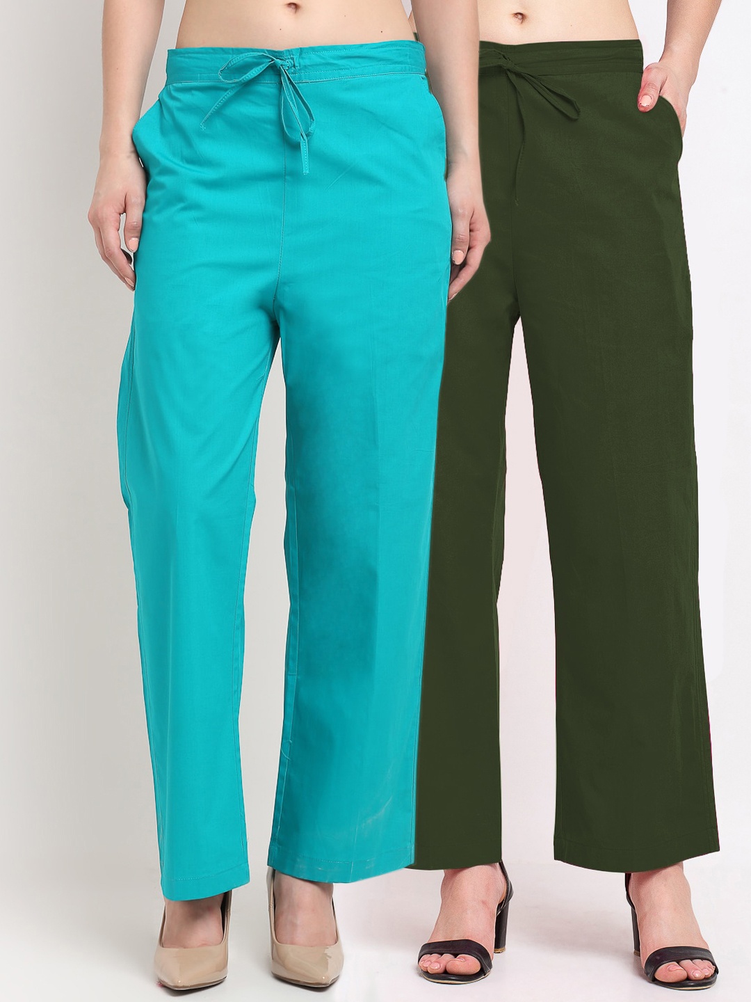 

GRACIT Women Pack Of 2 Blue & Green Loose Fit Trousers