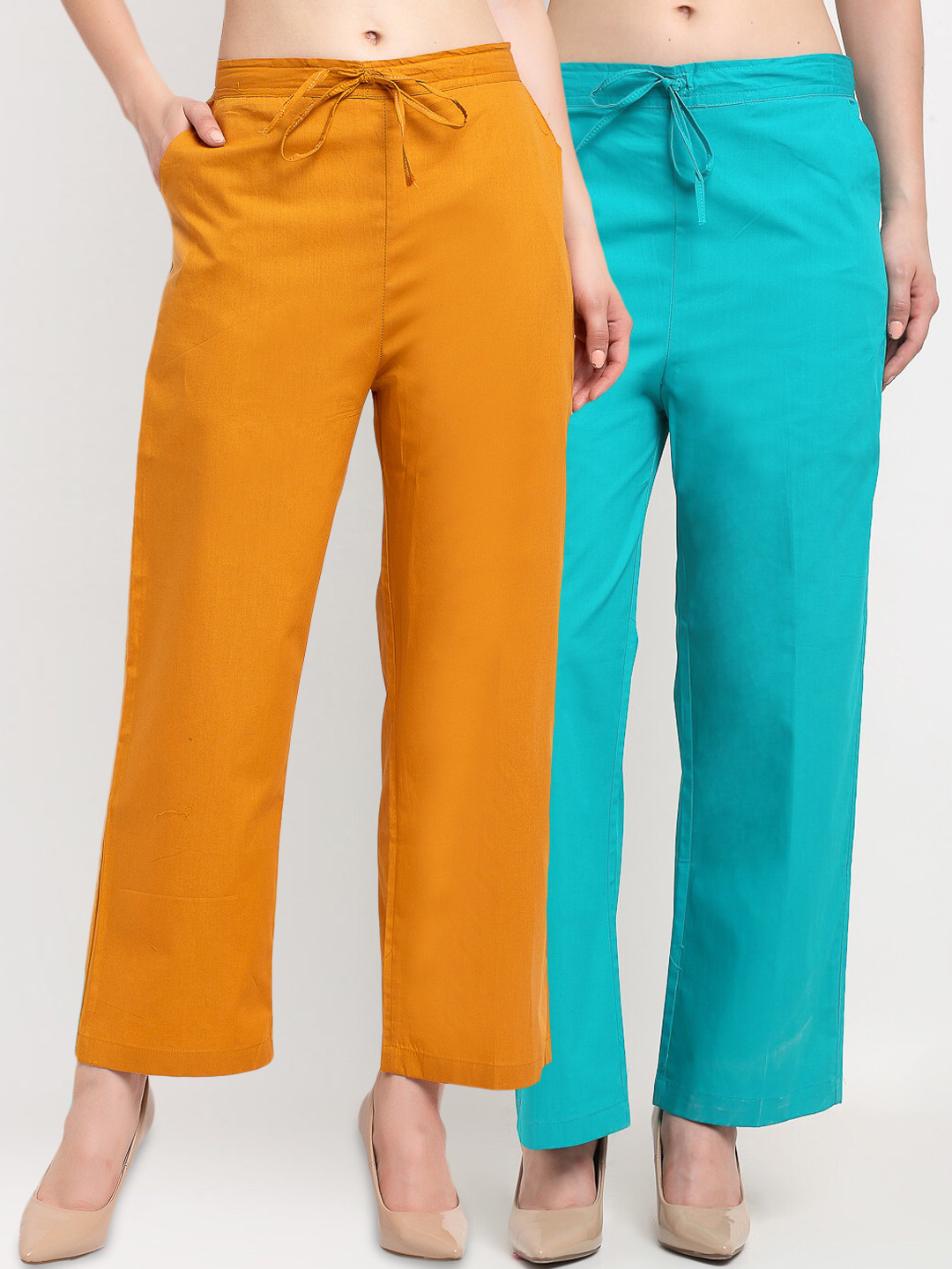 

GRACIT Women Pack of 2 Turquoise Blue & Mustard Yellow Cotton Palazzos