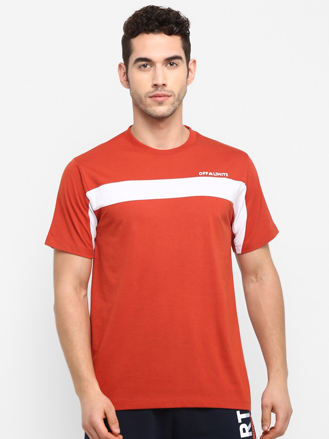 

OFF LIMITS Men Orange & White Colourblocked Regular Fit T-shirt