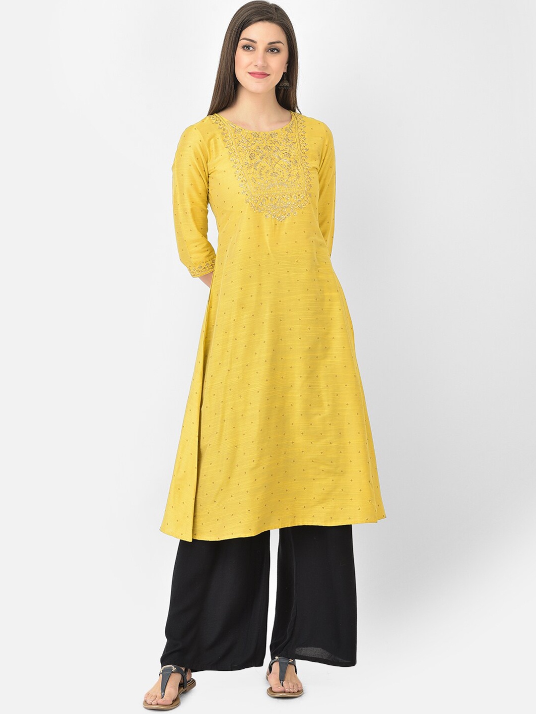 

Span Women Yellow Floral Embroidered Thread Work Kurta