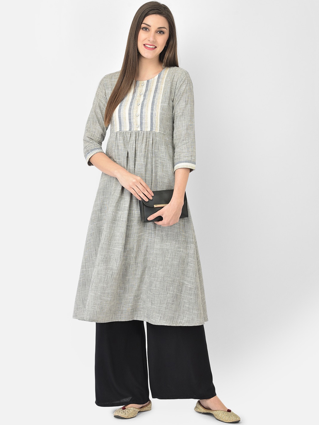 

Span Women Grey Checked Thread Work A-Line Kurta