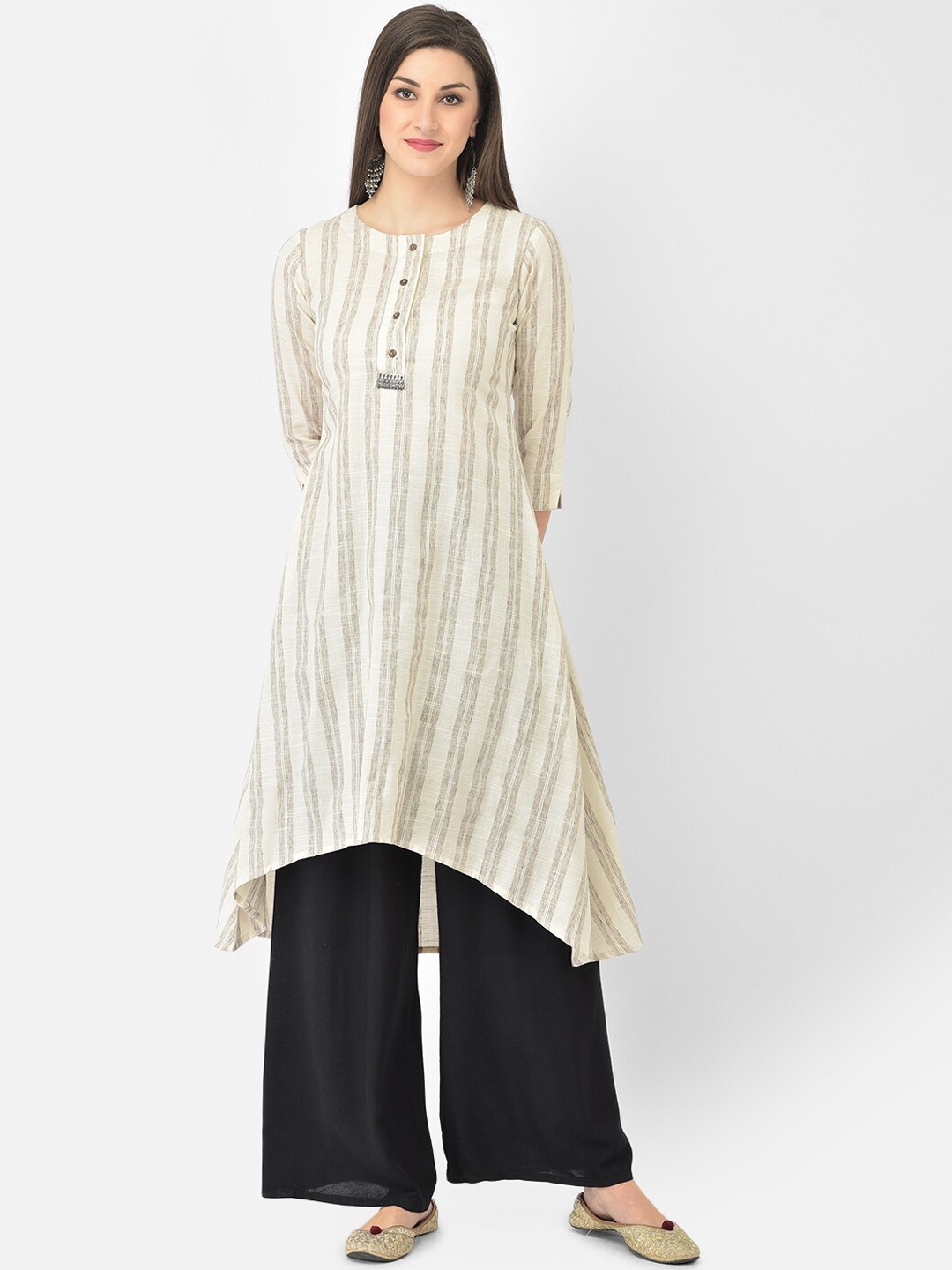 Span Women White & Grey Striped Kurta