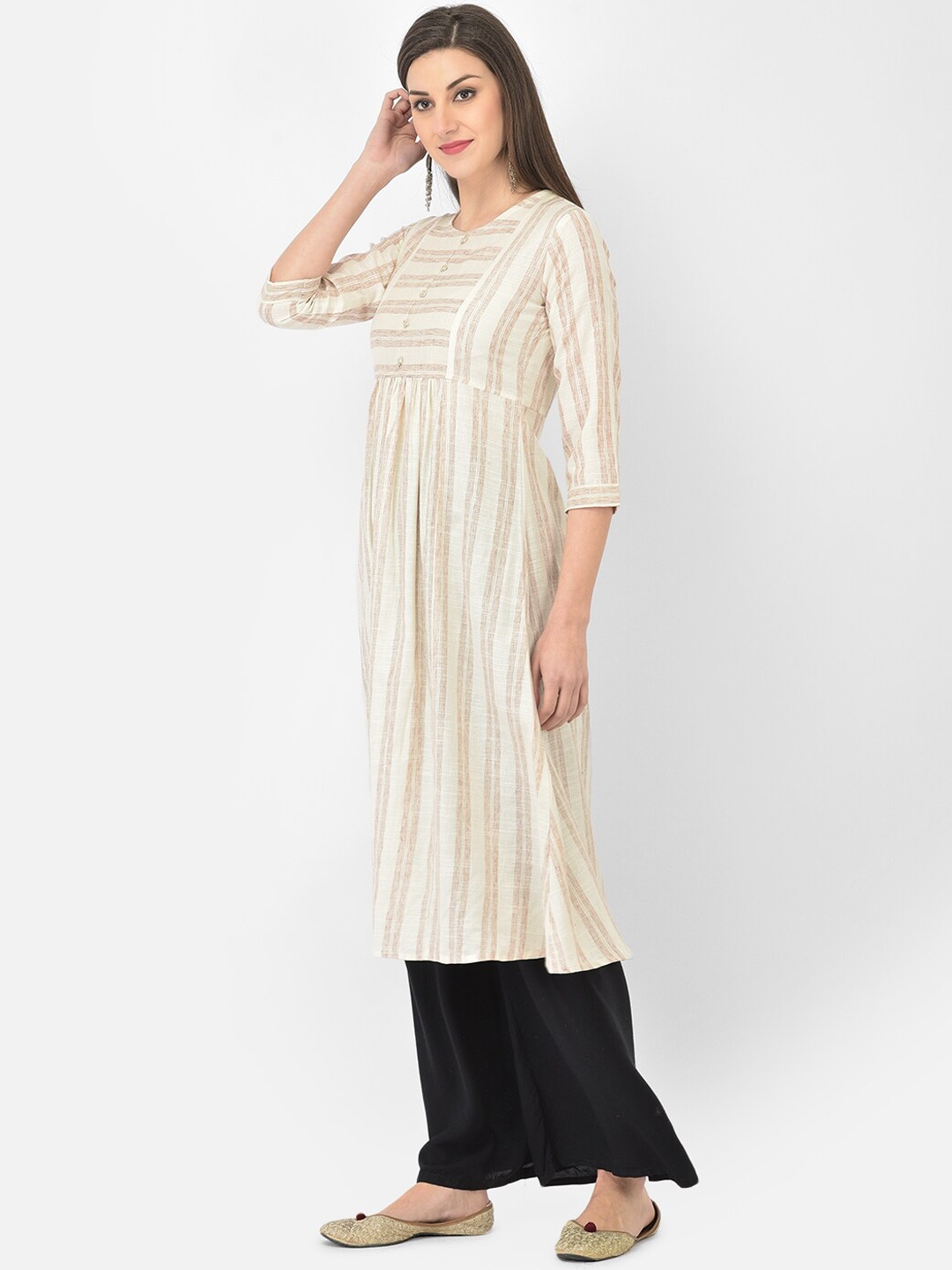 

Span Women Beige & Off White Striped Cotton Kurta