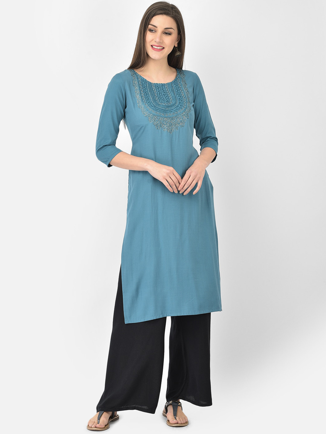 

Span Women Blue Ethnic Motifs Embroidered Thread Work Kurta