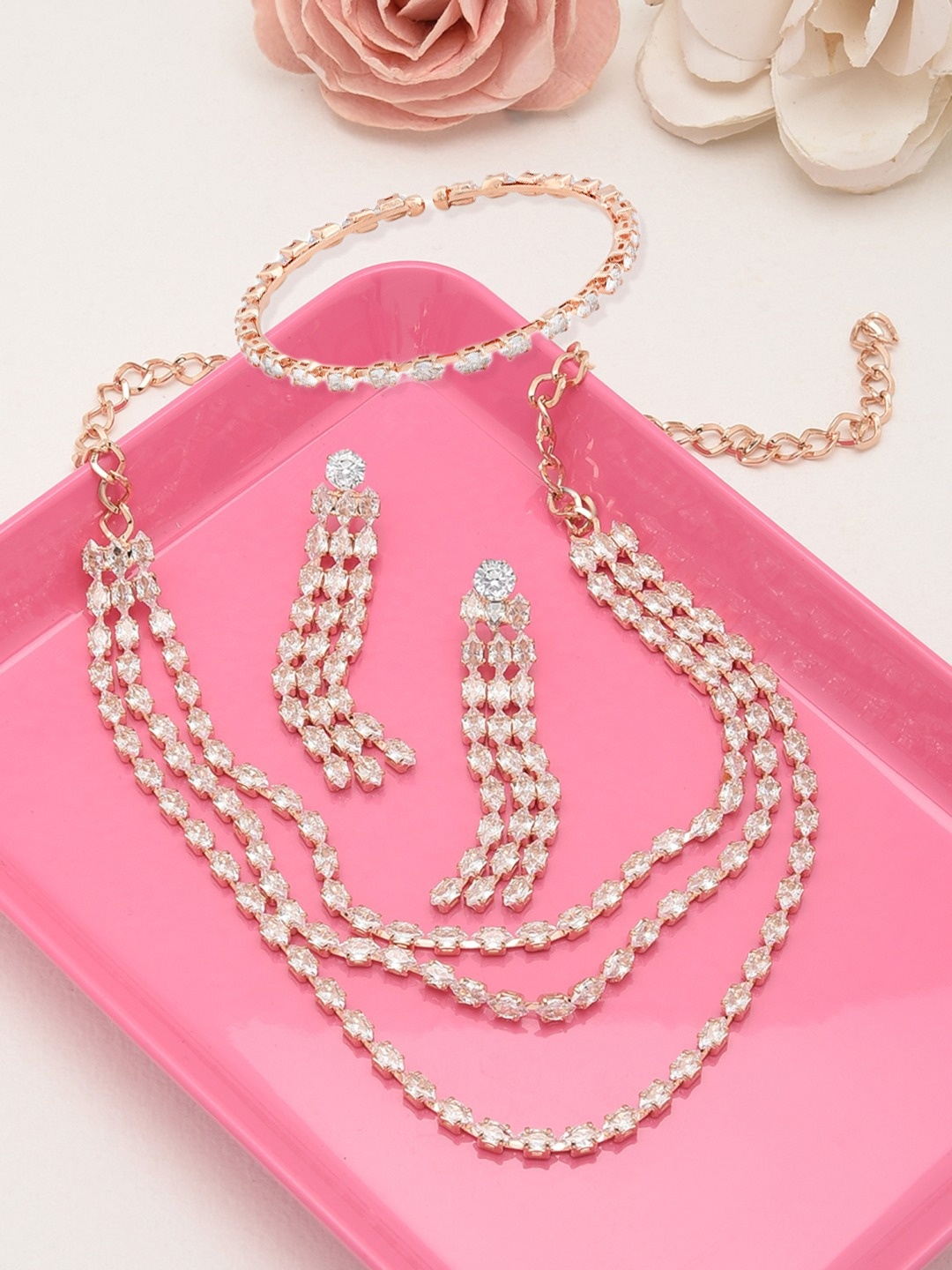 

Zaveri Pearls Rose Gold-Plated White Cubic Zirconia Studded Jewellery Set