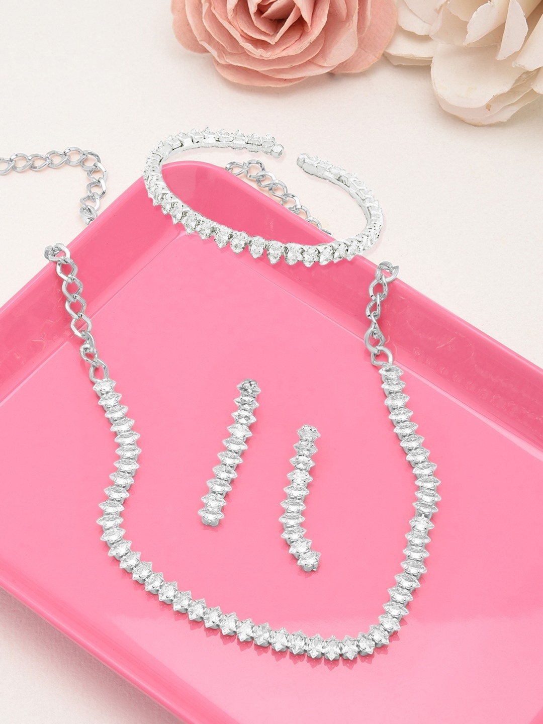 

Zaveri Pearls Silver-Plated White CZ-Studded Jewellery Set