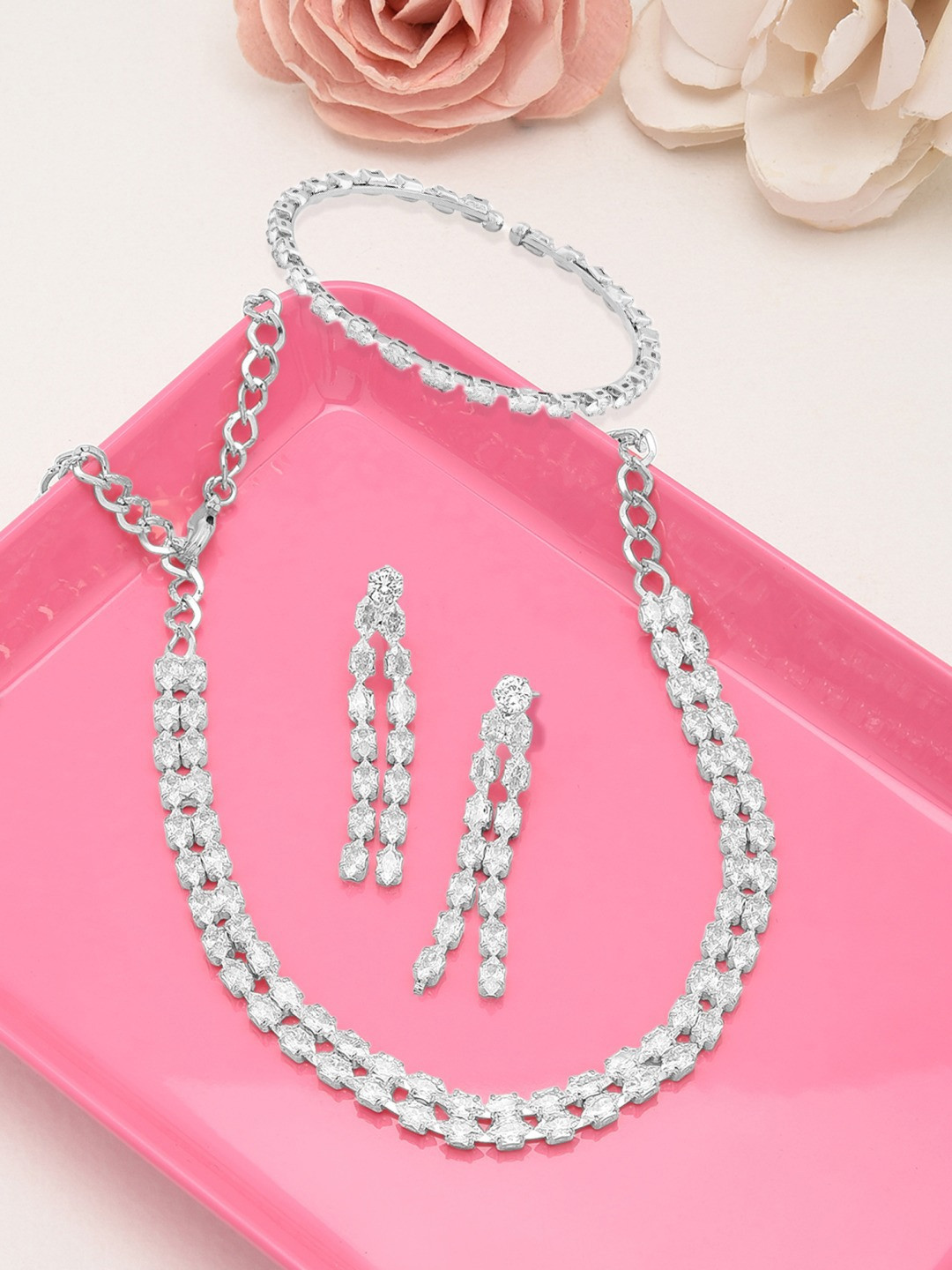 

Zaveri Pearls Silver-Plated White Cubic Zirconia Studded Jewellery Set