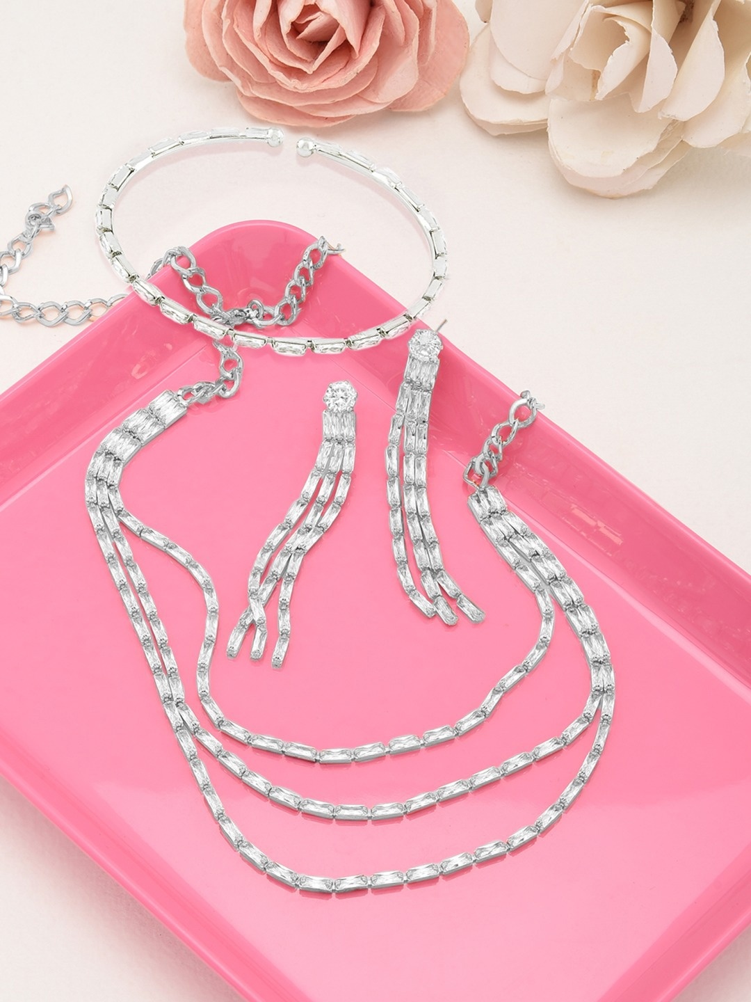 

Zaveri Pearls Silver-Plated White Cubic Zirconia Studded Jewellery Set