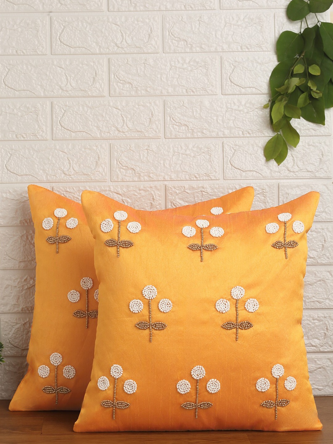 Alina decor Yellow & White Set of 2 Embellished Square Cushion Covers