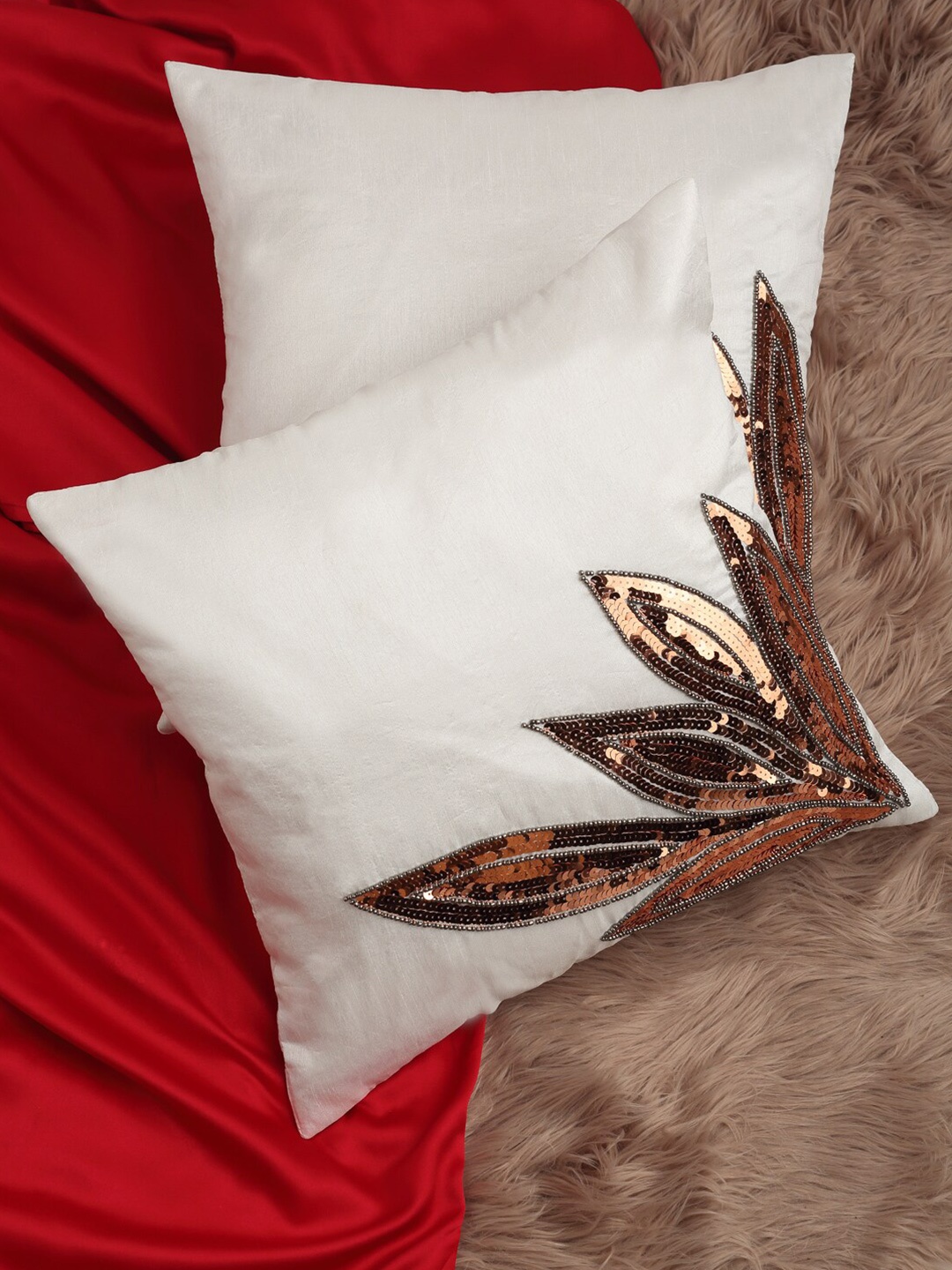 Alina decor White & Gold-Toned Set of 2 Embellished Square Cushion Covers