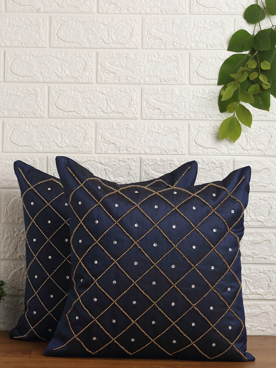

Alina decor Blue & Gold-Toned Set of 2 Embroidered Square Cushion Covers