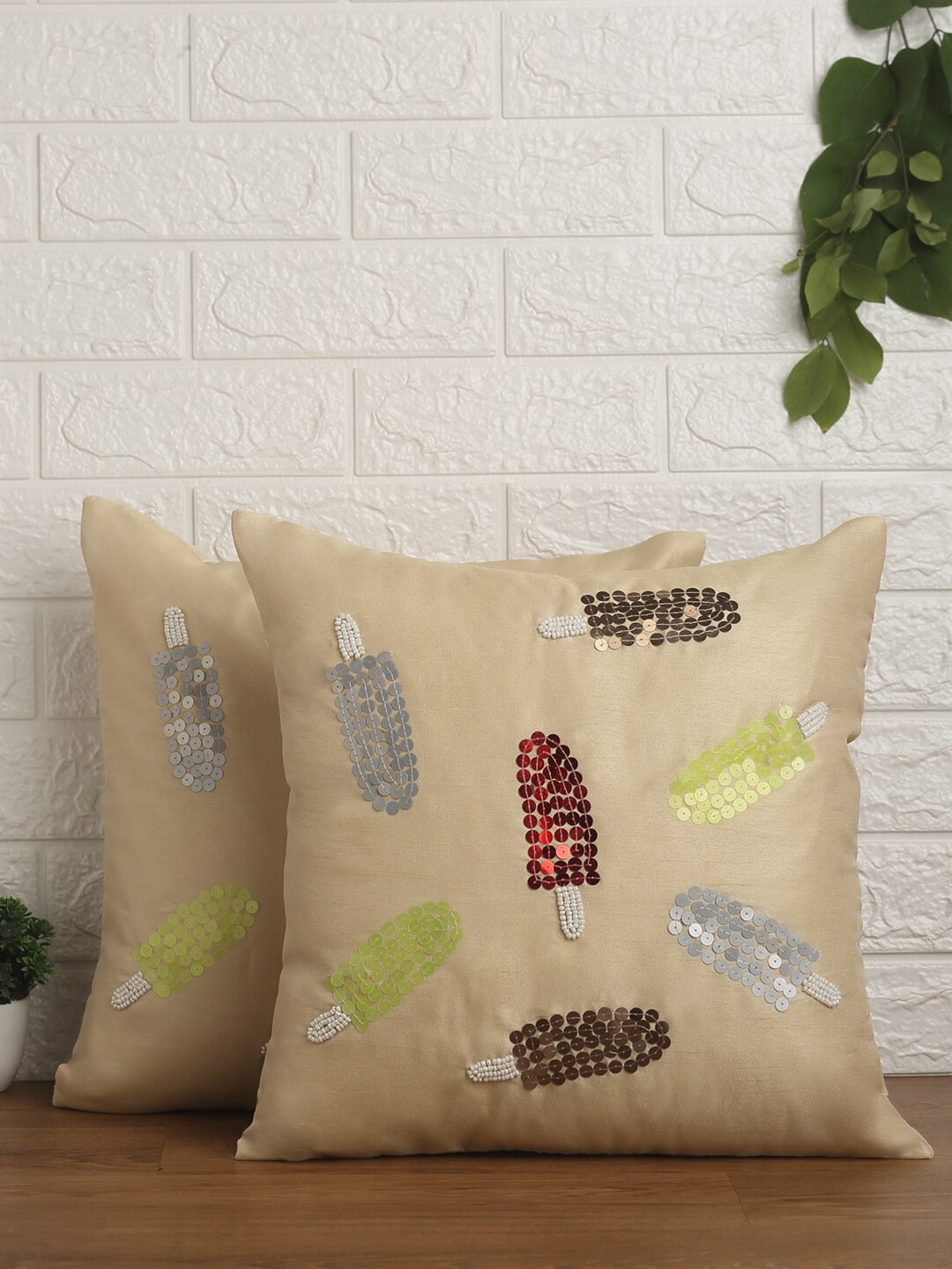 Alina decor Beige & Grey Set of 2 Embroidered Square Cushion Covers