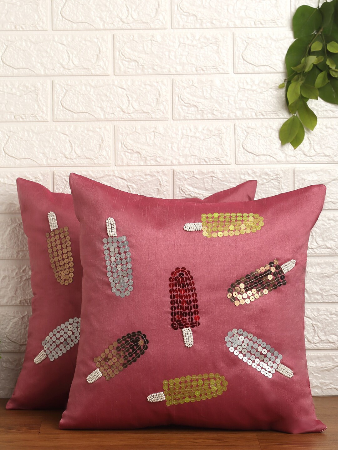 

Alina decor Pink Set of 2 Embellished Square Cushion Covers