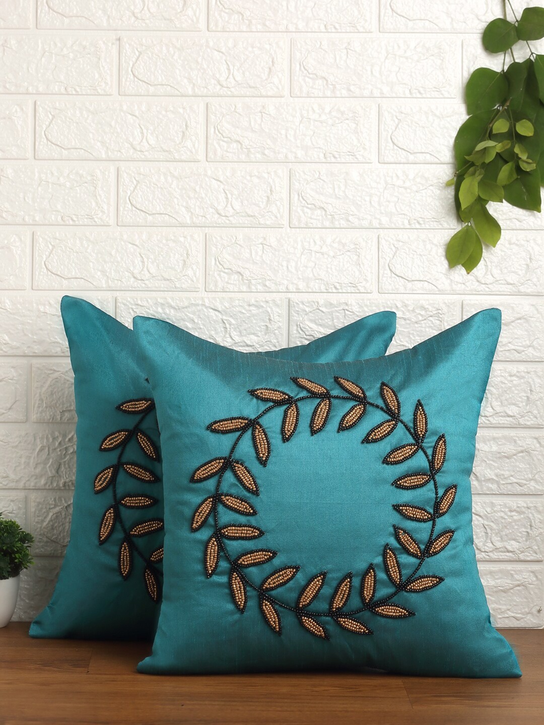 

Alina decor Teal & Black Set of 2 Embroidered Square Cushion Covers