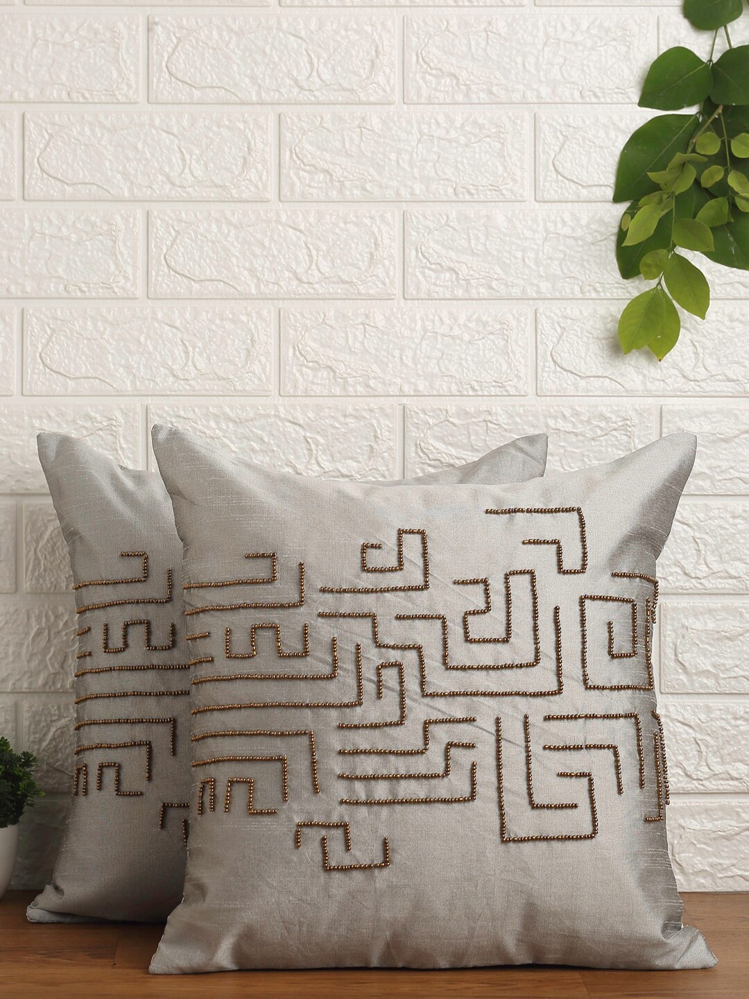 

Alina decor Grey & Gold-Toned Set of 2 Embroidered Square Cushion Covers