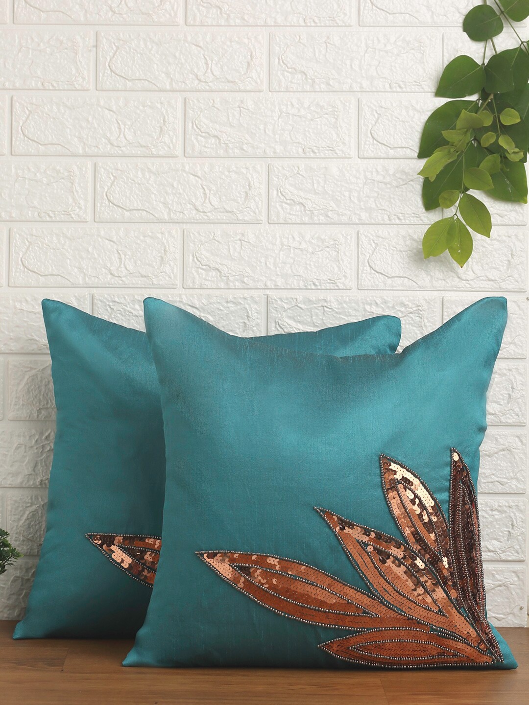 

Alina decor Teal & Gold-Toned Set of 2 Embellished Square Cushion Covers