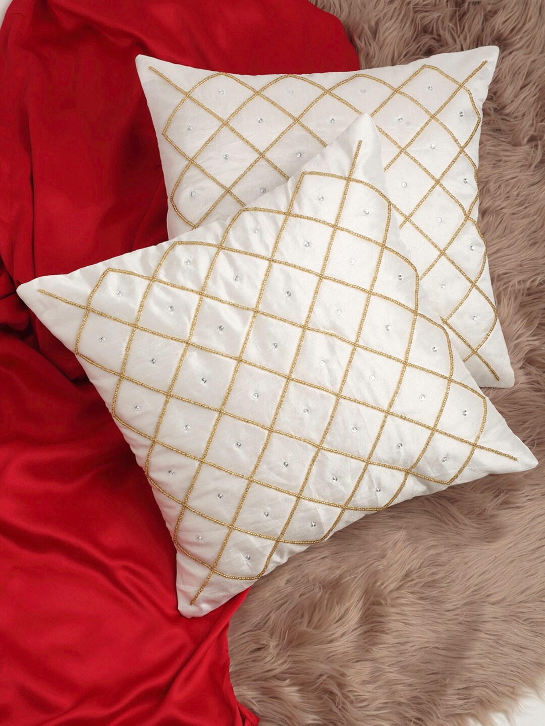 

Alina decor White & Gold-Toned Set of 2 Embellished Square Cushion Covers