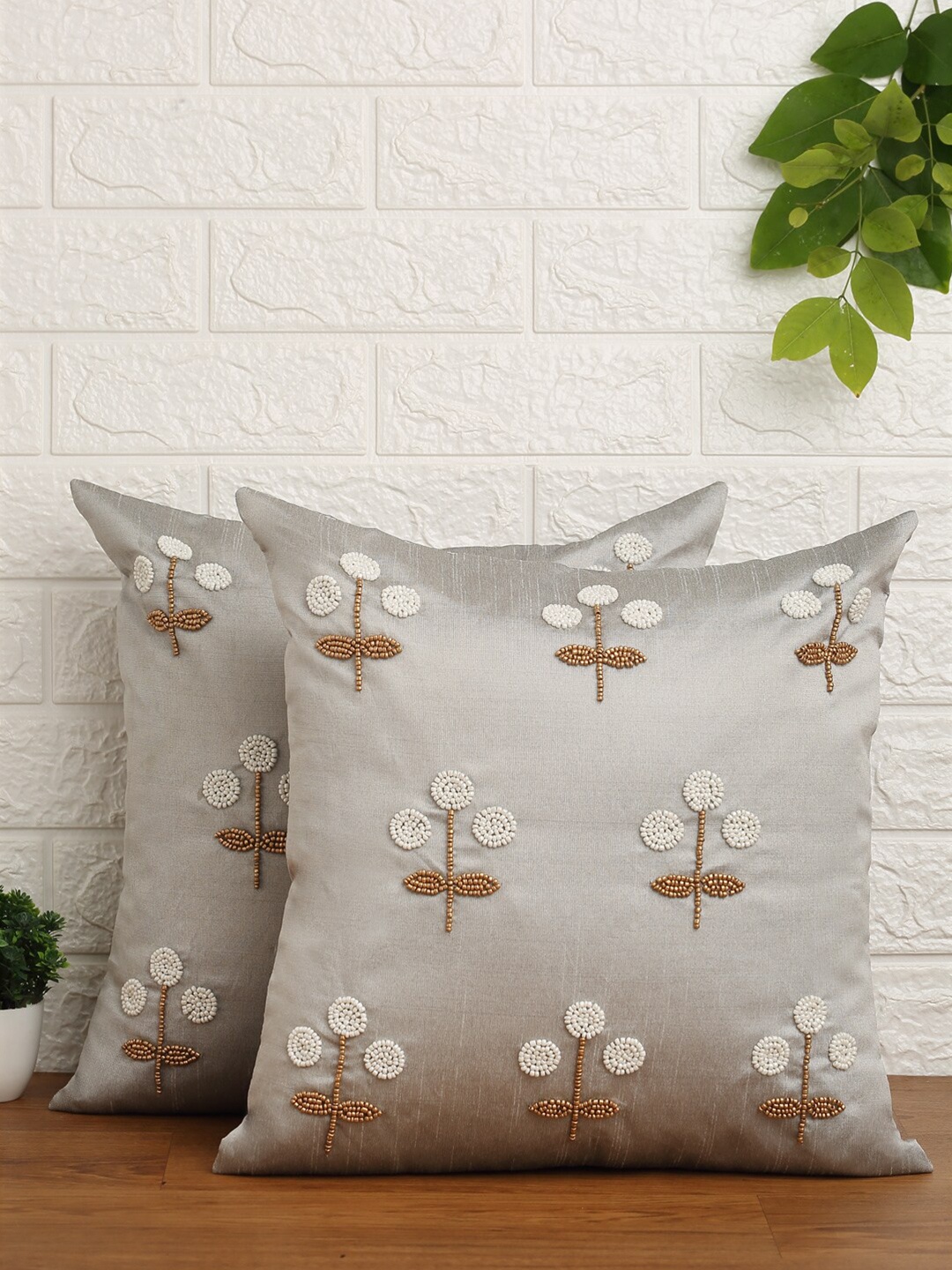 

Alina decor Grey & Off-White Set of 2 Embroidered Square Cushion Covers