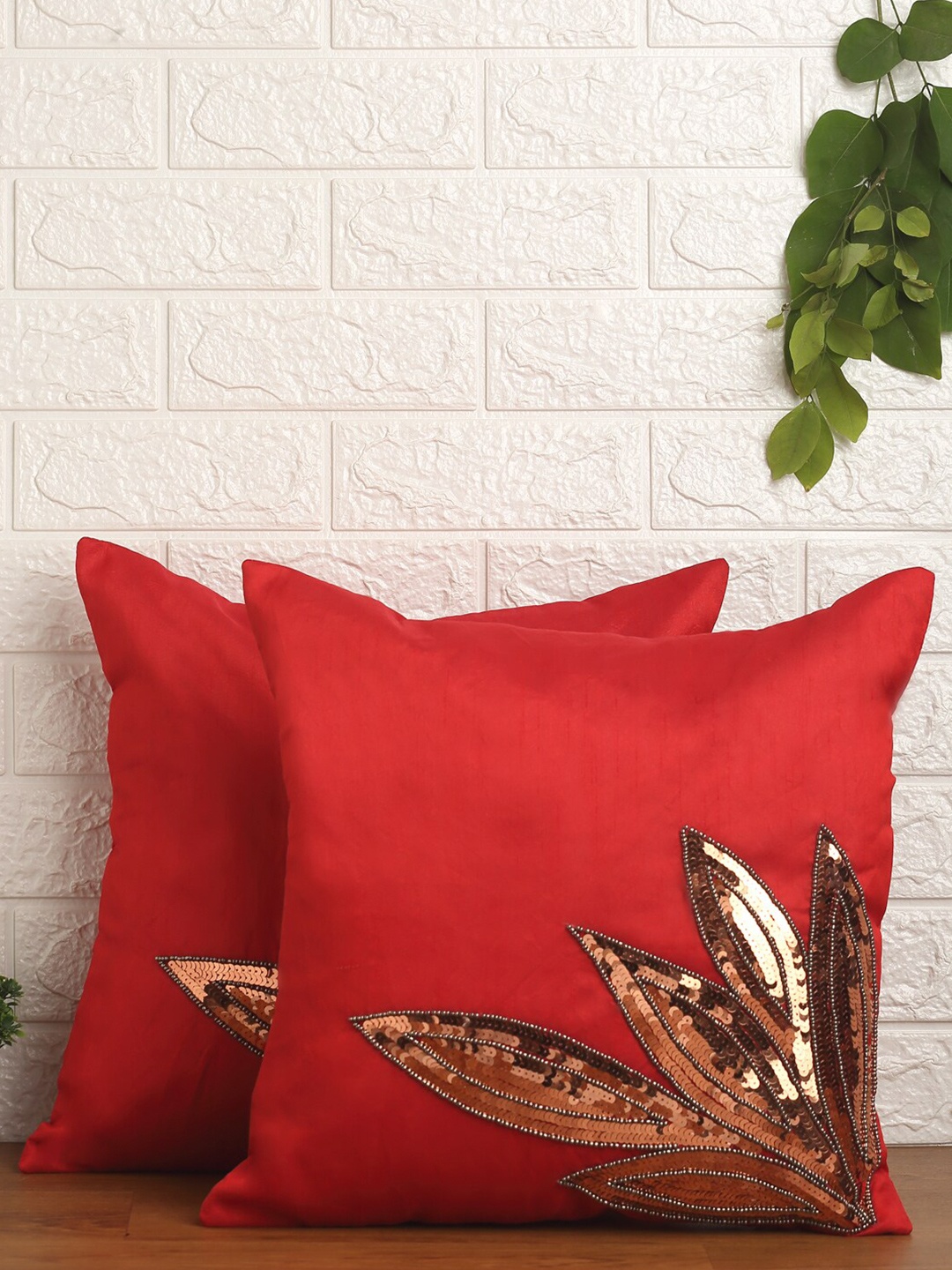 

Alina decor Set of 2 Red & Gold-Toned Embroidered Square Cushion Covers