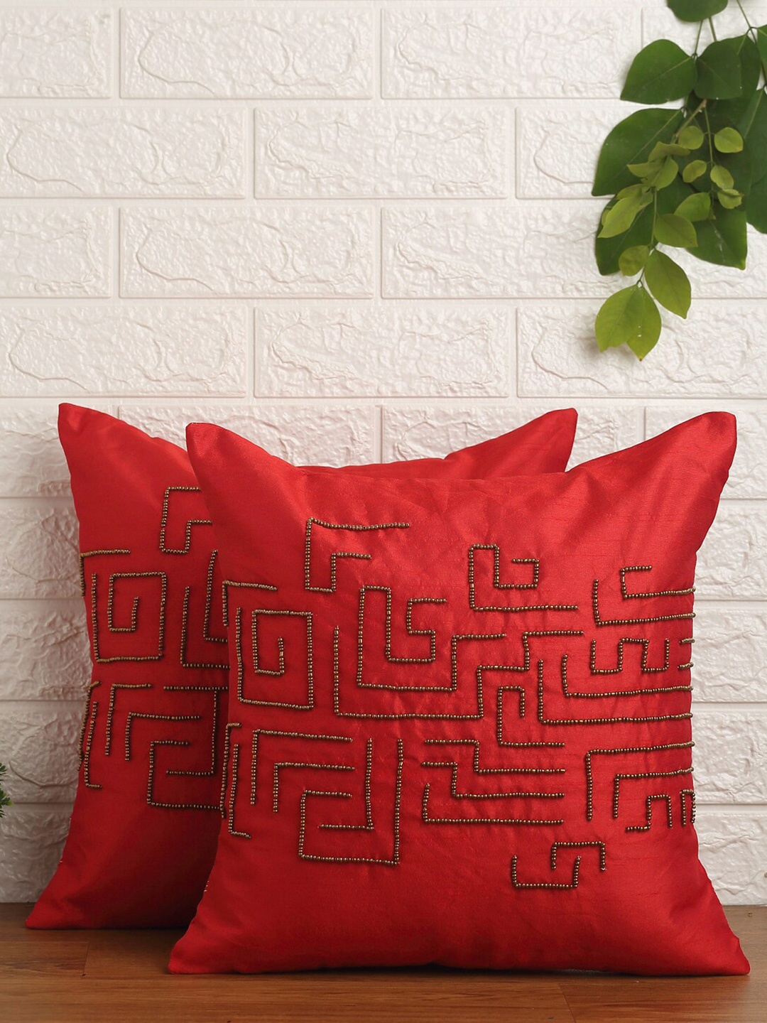 

Alina decor Red Set of 2 Embroidered Square Cushion Covers