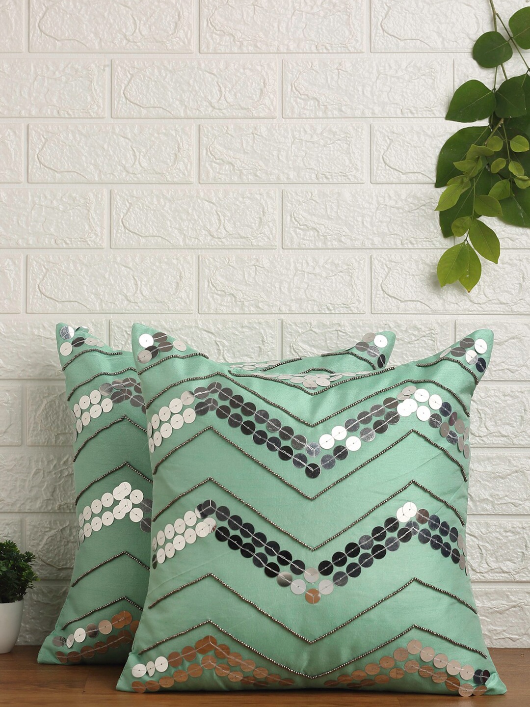

Alina decor Sea Green & Silver-Toned Set of 2 Embellished Square Cushion Covers
