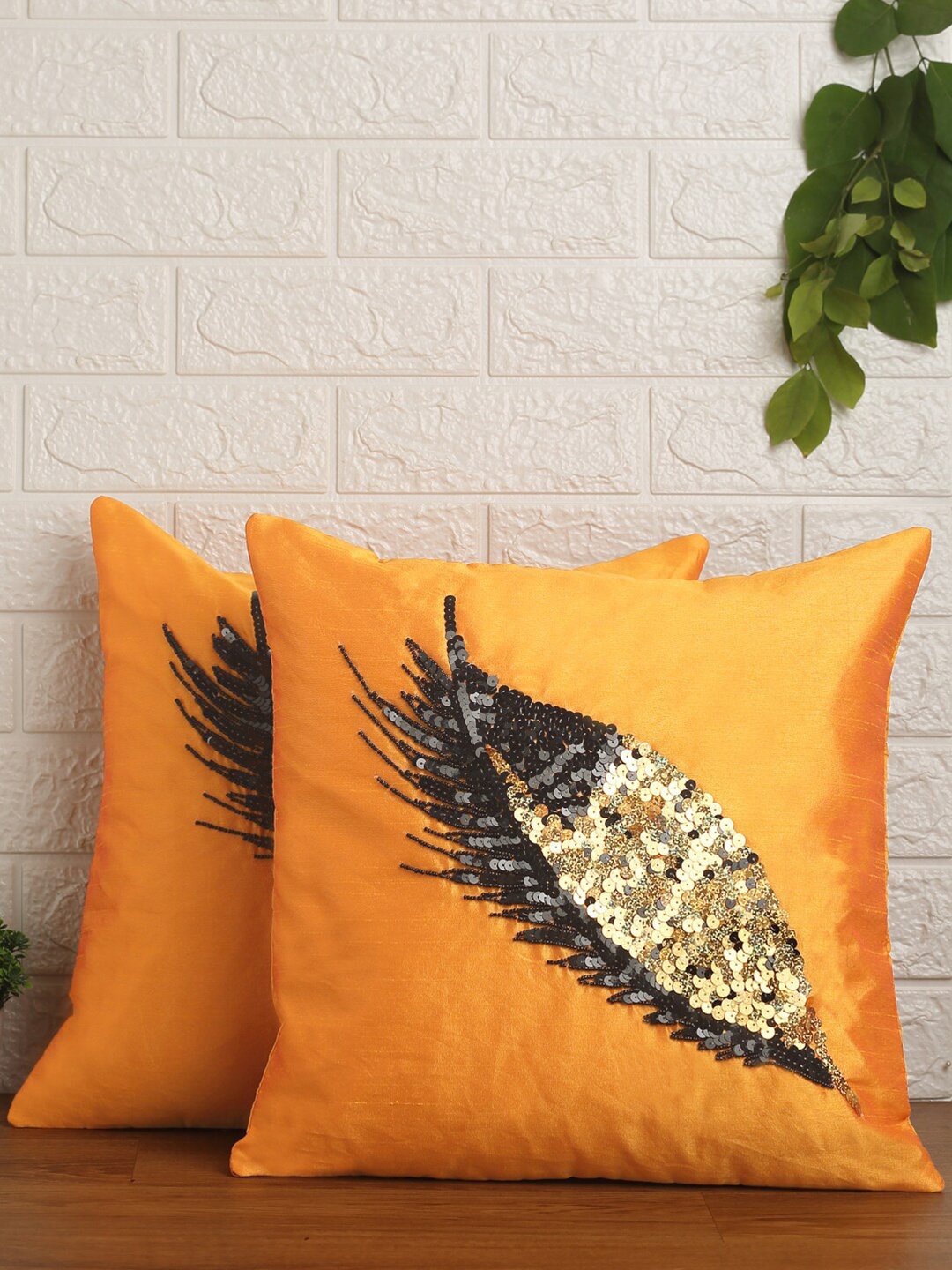 

Alina decor Yellow & Black Set of 2 Embellished Square Cushion Covers