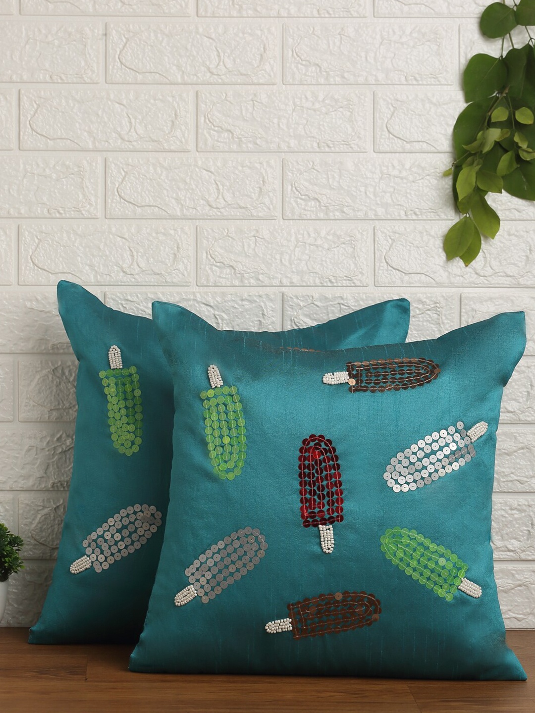 

Alina decor Teal & White Set of 2 Embellished Square Cushion Covers