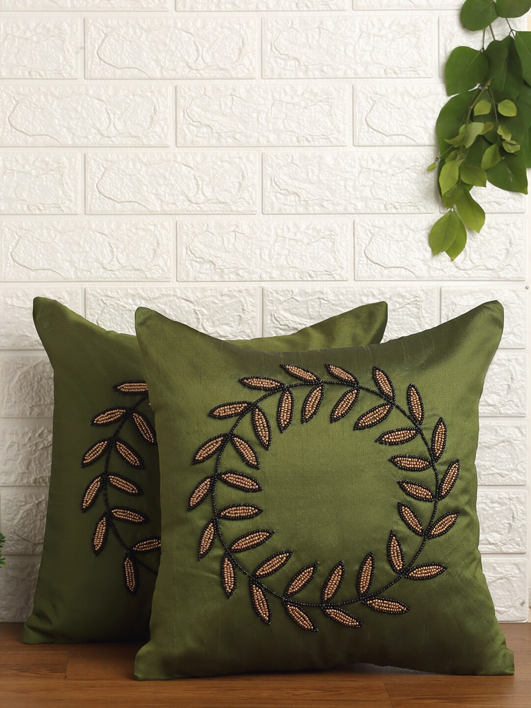 

Alina decor Green & Black Set of 2 Embroidered Square Cushion Covers