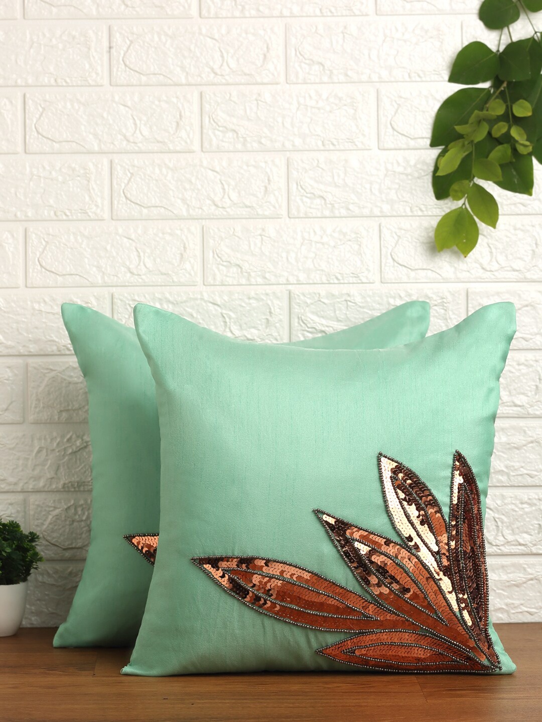 

Alina decor Sea Green & Brown Set of 2 Embellished Square Cushion Covers