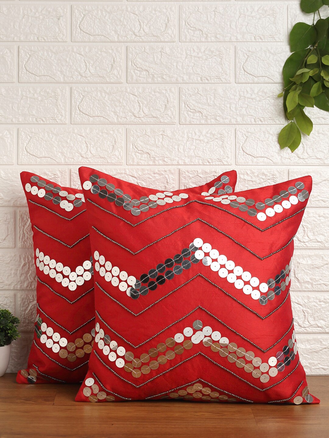 

Alina decor Set of 2 Red & White Embellished Square Cushion Covers