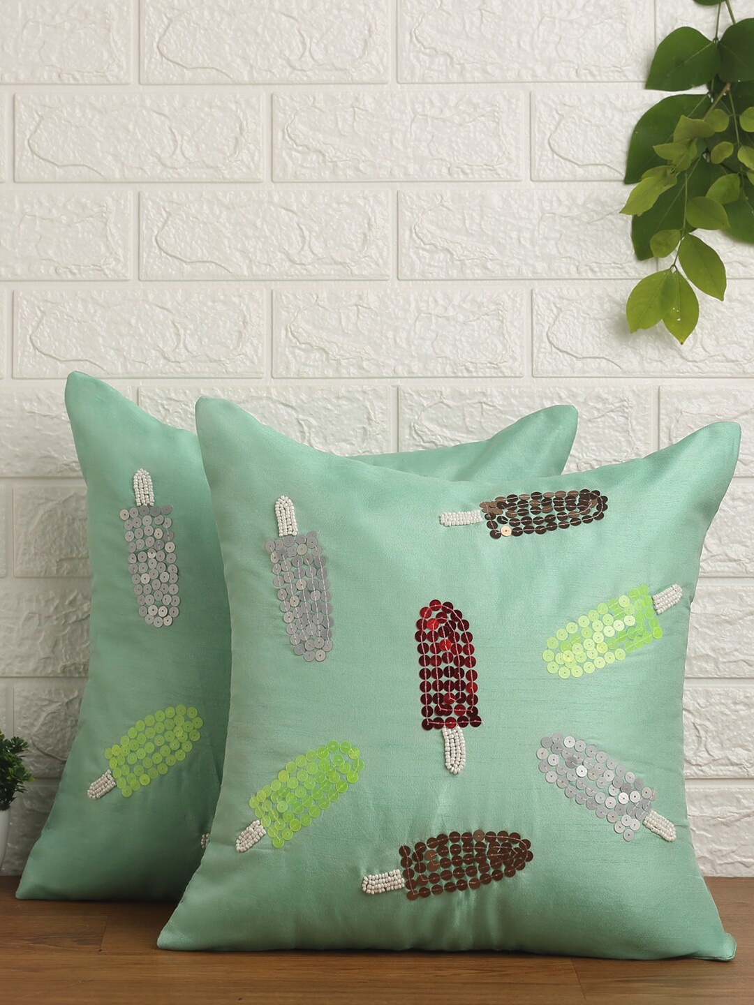 

Alina decor Pack Of 2 Sea Green Embellished Square Cushion Cover
