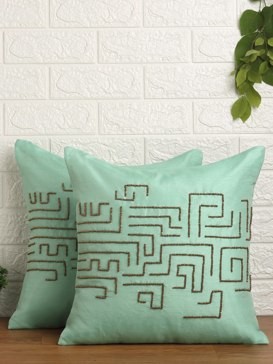Alina decor Sea Green Set of 2 Embroidered Square Cushion Covers