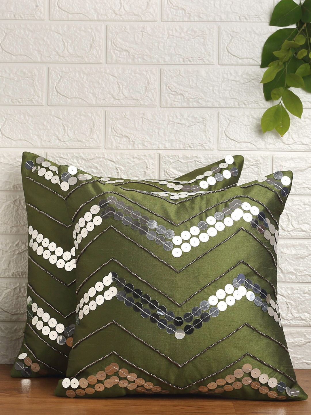 

Alina decor Green & White Set of 2 Embroidered Square Cushion Covers