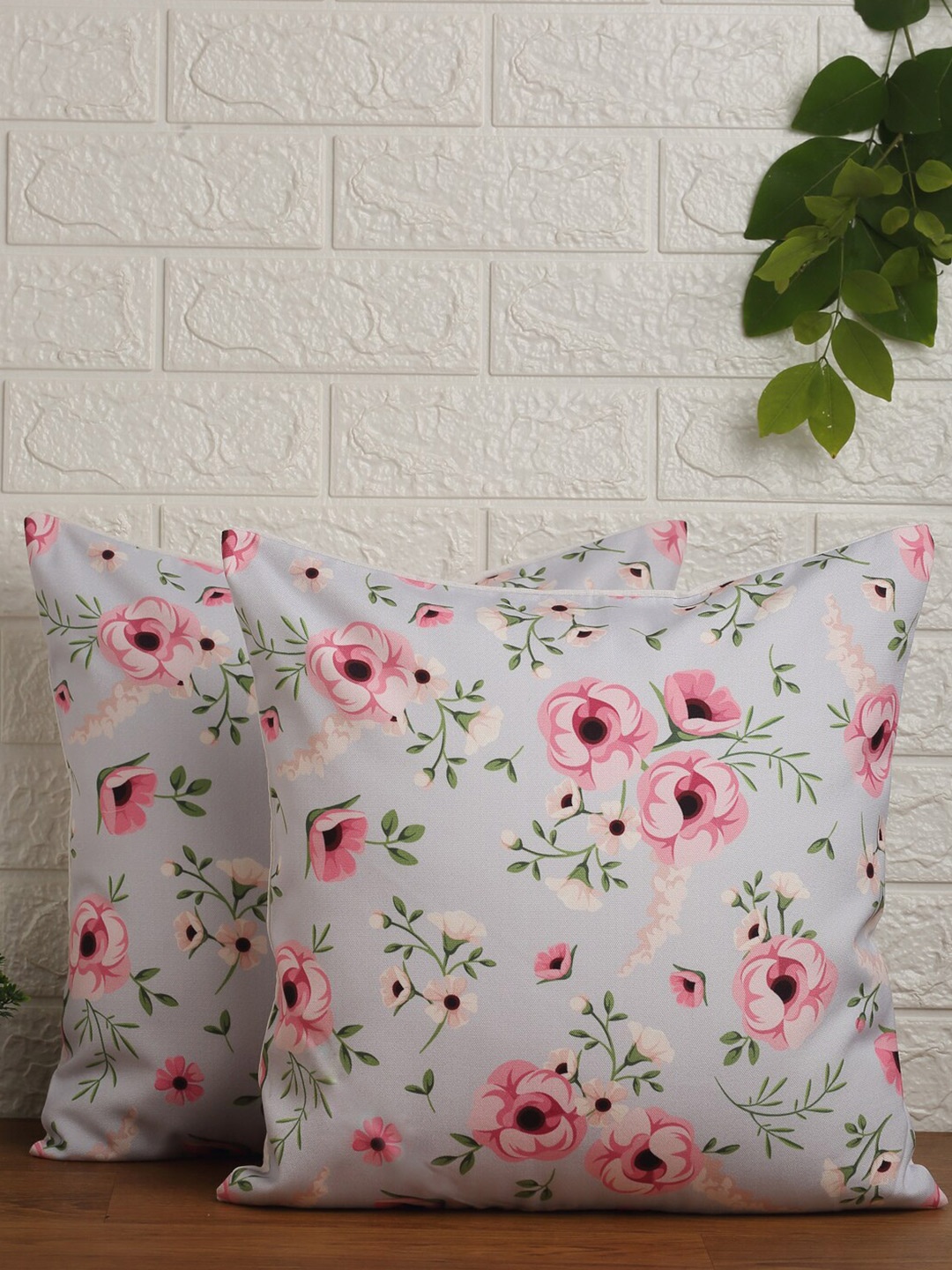 

Alina decor Pink & Green Set of 2 Floral Square Cushion Covers