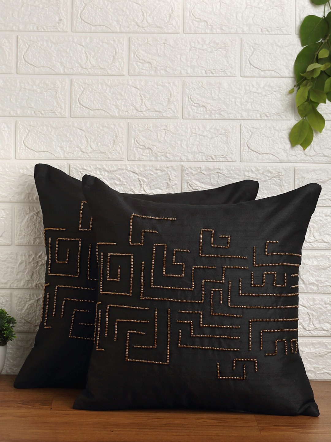 Alina decor Black & Copper-Toned Set of 2 Embroidered Square Cushion Covers