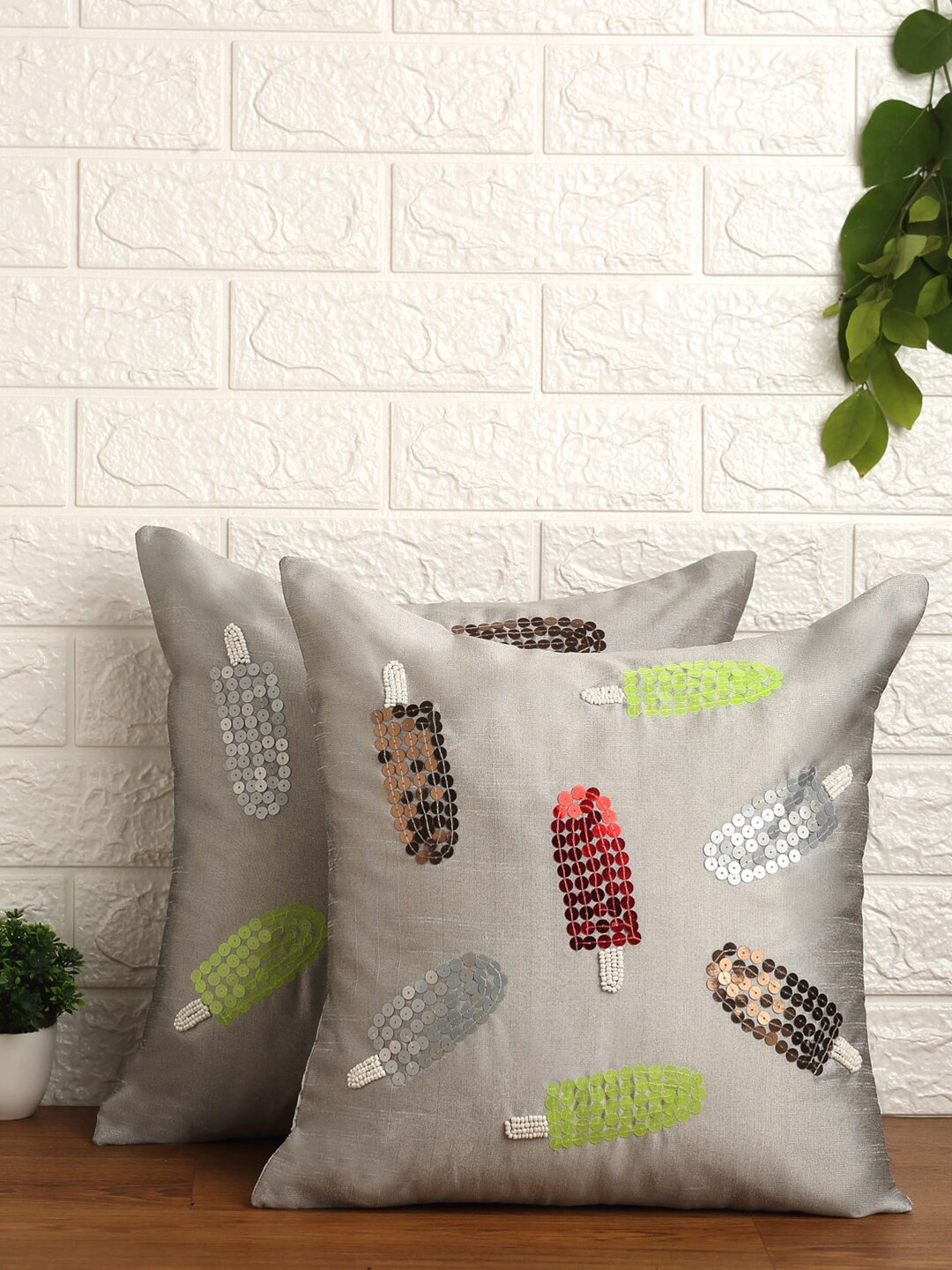 

Alina decor Grey & Green Set of 2 Embellished Square Cushion Covers