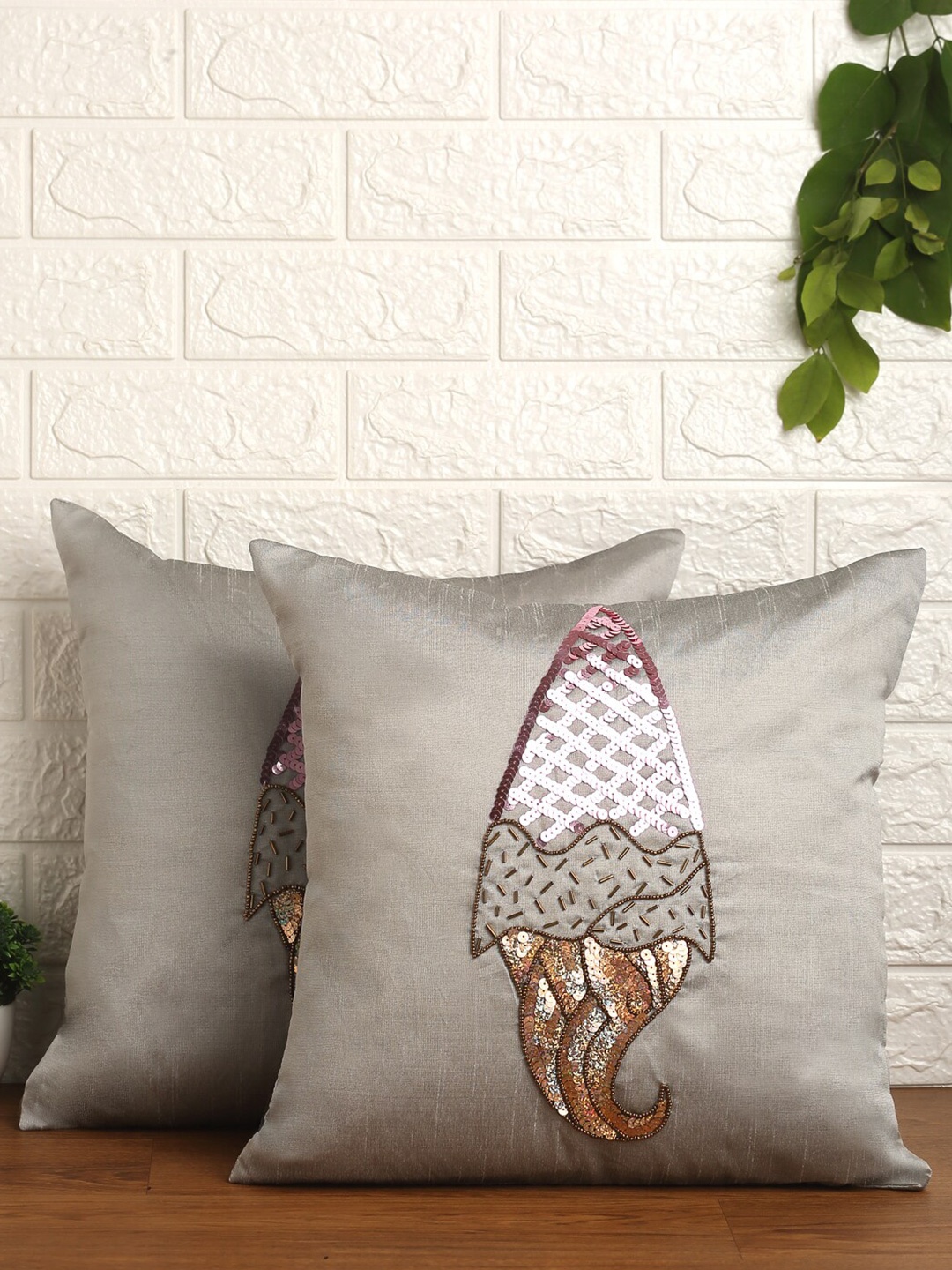 

Alina decor Grey & Gold-Toned Set of 2 Embellished Square Cushion Covers