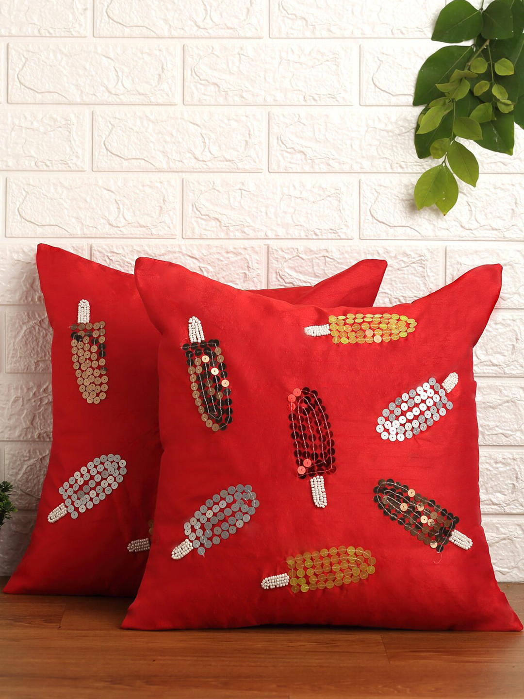 

Alina decor Red & Brown Set of 2 Embellished Square Cushion Covers